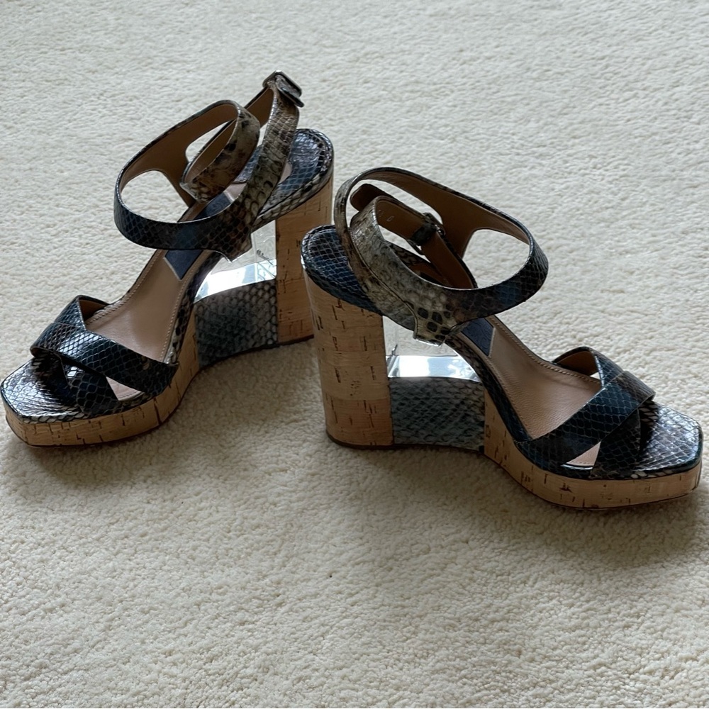 Salvatore Ferragamo Blue Python Leather Wedge Sandal Size 6.5 Made In Italy